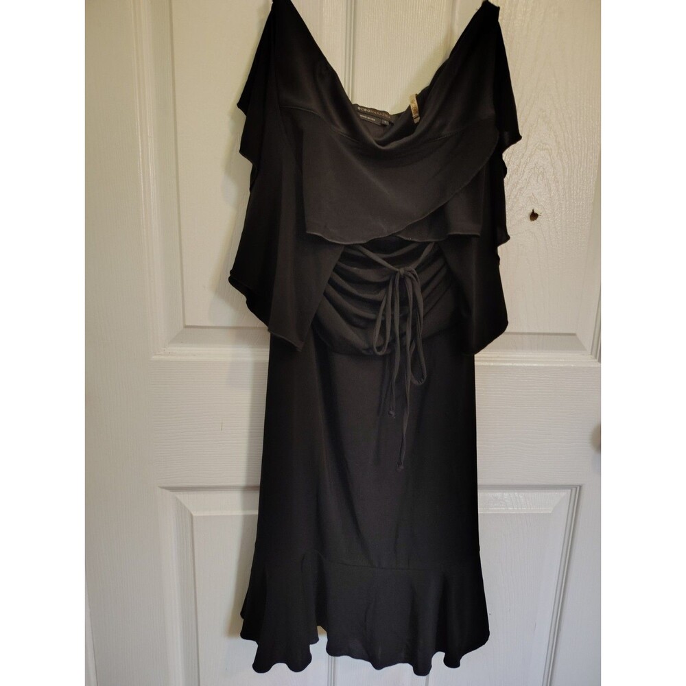 BCBGMAXAZRIA Women's S Black Cowl Neck Ruffle Tie Waist Knee Cocktail Dress